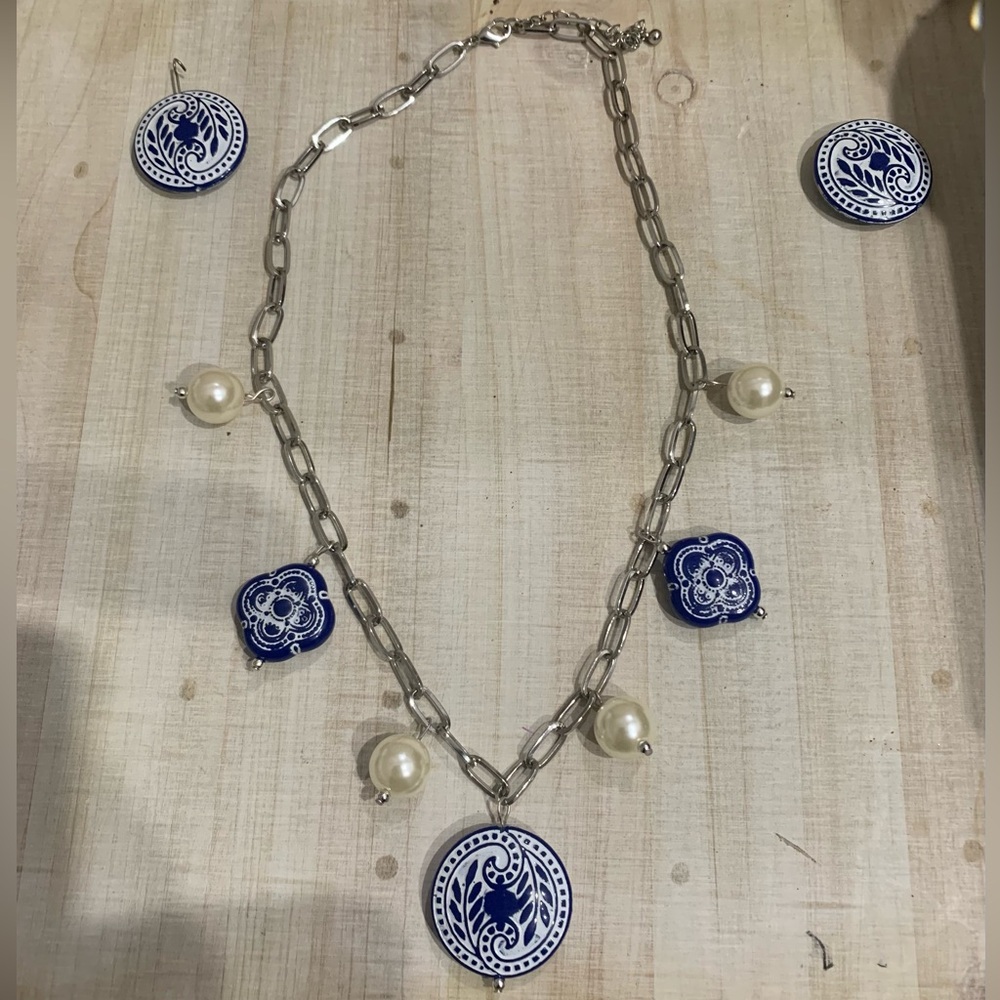 Beautiful White & Blue Charm Necklace with Pearls with Matching drop Earrings